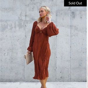 Midi Cocktail Dress Burnt Orange Color with pleating and key hole details